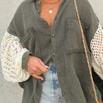 CHARCOAL GREEN CROCHET SLEEVE BUTTON UP