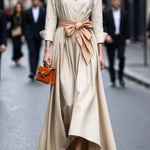 Shirt-collar, fitted-waist long dress