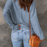 Dusk Blue Waffle Split V Neck Drop Shoulder Long Sleeve Top