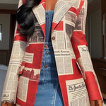 Long Sleeves Loose Buttoned Newspaper Print Pockets Split-Joint Notched Collar Blazer Outerwear