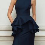 Navy Sleeveless Peplum Mermaid Maxi Dress