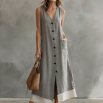 Women's Elegant Gray Woven V-neck Sleeveless Maxi Dress