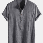 Short Sleeve Half Button Fly Henley Collar Shirt & Linen Cotton Blend 11" Shorts