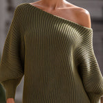 Olive Green Asymmetric Off-the-Shoulder Sweater