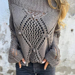 Solid Color Hollow Round Neck Casual Loose Knitted Sweater