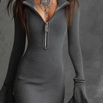 Retro Zipper Neck Trumpet Sleeve Knitted Midi Dress