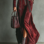 Women's Burgundy Retro Faux Suede Color-Contrast Maxi Dress
