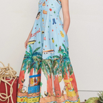 Summer Energy Linen Blend Unique Print Smocked Back Pocketed Midi Dress