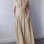 A-Line Loose Pleated Pockets Split-Joint Zipper Round-Neck Maxi Dresses