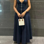 High Waisted Loose Solid Color Split-Front Zipper V-Neck Maxi Dresses