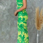 Night Blooms Mesh Overlay Printed One Shoulder Ruched Stretch Maxi Dress