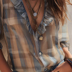 Retro Plaid Chiffon Blouse With Half Sleeves And Ruffle Details