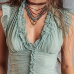 Boho Soft Sage Vintage Ruffle Blouse