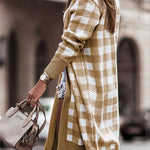Khaki Plaid Ribbed Contrast Open Front Long Cardigan