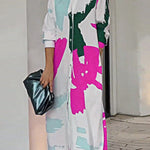 Loose Wrap Buttoned Contrast Color Pockets Printed Split-Side Shirt Dress