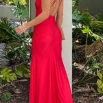 RED RUCHED MAXI DRESS WITH SLIT