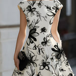 Floral Ink Print Cap Sleeve Midi Dress