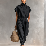 Women's Minimalist Linen Blend Button-up High-neck Short-sleeved Jumpsuit