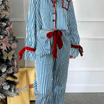 Striped Printed Color-blocked Trim Long-sleeved Loose Top and Elastic Waist Belt Wide-leg Pants Set