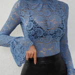 High-neck lace flared sleeves see-through top