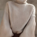 Cream Knit Turtleneck Sweater With Ruffled Cuffs