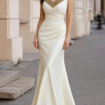 Gold-Trim V-Neck Ruched Satin Maxi Dress