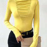 Long Sleeves Skinny Pleated Solid Color Split-Joint High Neck T-Shirts Tops