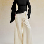 Flared Sleeves Long Sleeves Solid Color Zipper Boat Neck T-Shirts Tops