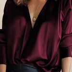 Solid Color V-Neck Long Sleeves Blouse Shirt Top