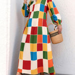 Loose Puff Sleeves Elasticity Rainbow Plaid Split-Joint V-Neck Maxi Dresses