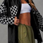 Fashionable casual loose plaid contrasting raw edge denim jacket