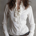 Vintage-Inspired White Ruffle Trim Blouse