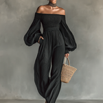 Women's Off-the-shoulder Long-sleeved Pleated Fabric Jumpsuit