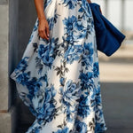 A-Line High Waisted Contrast Color Flower Print Pleated Halter-Neck Maxi Dresses