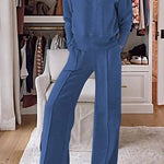 Weather Gets Cold Solid Color V-neck Top and Elastic Waist Pocketed Lounge Pants Set