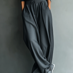 Women's Charcoal Knit Fabric Turtleneck Oversized Top & Wide-Leg Pants Set