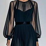 False Two Loose Gauze Pleated See-Through Round-Neck Maxi Dresses