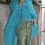 High-Low Loose Elasticity Pleated See-Through Solid Color Off-The-Shoulder Blouses&Shirts Tops