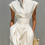 Women's Pure Cotton Lapel Cap Sleeves Waist Maxi Dress