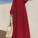 Long Sleeves Loose Pleated Solid Color Zipper Round-Neck Maxi Dresses