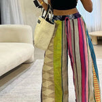 Loose Wide Leg Contrast Color Drawstring Printed Striped Casual Pants Bottoms Trousers