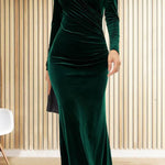Solid Velvet Long Sleeve V Neck Slim Fit Fishtail Maxi Dress