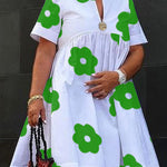 A-Line Loose Flower Print Pleated Split-Joint Round-Neck Midi Dresses