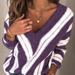 Casual Striped Split Joint Contrast V Neck Tops(5 Colors)
