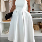 Sweet Cascade Solid Color Off Shoulder Pocket Full Hem Midi Dress