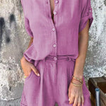 Linen Blend Solid Color Button Lapel Short Sleeve Shirt and Casual Pocket Shorts Set