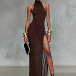 Women's Minimalist Knitted Turtleneck Sleeveless High Slit Sheer Maxi Dres