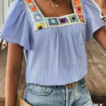 Sky Blue Striped Crochet Applique Boho Blouse