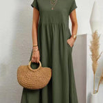 Loose Short Sleeves Pleated Solid Color Round-Neck Midi Dresses