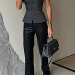 Street Mixed British Style Off Shoulder Front Zipper Top